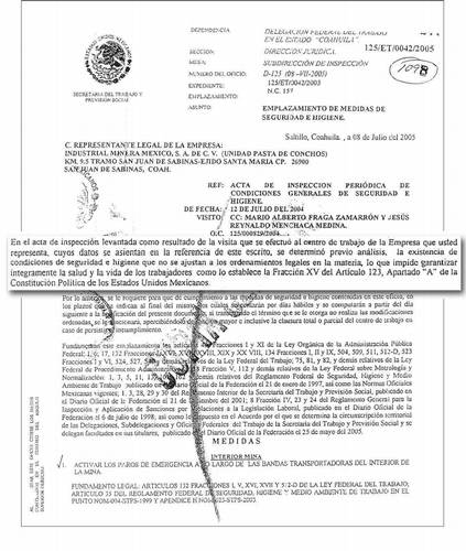 Oficio emitido por la delegación de la Secretaría del Trabajo y Previsión Social en Coahuia, el cual advierte a IMMSA de las irregularidades en la mina Pasta de Conchos