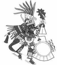 Huitzilopochtli esgrime la xiuhcóatl, en el Códice Borbónico