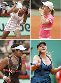 Jelena Jankovic (arriba a la izquierda), Justine Henin, Ana Ivanovic y Maria Sharapova, protagonistas de las semifinales en el Abierto de Francia