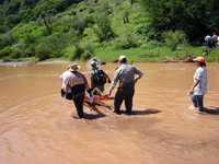 Bomberos, elementos de protección civil y policías municipales participan en las labores de rescate de cuerpos arrastrados por el río Cuixtla, en San Cristóbal de la Barranca, Jalisco