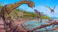 Recreación artística de una escena en la que aparecen dos dinosaurios Futalognkosaurus dukei (los primeros dos de izquierda a derecha)