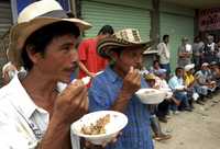 Productores de hoja de coca mantienen el plantón en la ciudad de Taraza, noreste de Colombia, en protesta por los operativos para erradicar sus cultivos