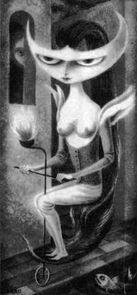 Lady Godiva, óleo sobre marfil de Remedios Varo, de 1959   Los universos mágicos de Remedios Varo e Isabel Allende: fantasmas y espíritus, de Elena Morales, Ediciones Idea