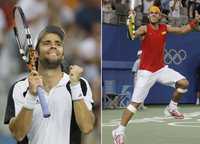 Fernando González, de Chile, y Rafael Nadal, de España, celebran sus respectivos triunfos en las semifinales de tenis. Ambos se verán las caras en la disputa por el oro