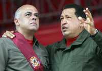 El presidente venezolano, Hugo Chávez, en la ceremonia de toma de posesión del alcalde de Libertador de Caracas, Jorge Rodríguez, del Partido Socialista Unido de Venezuela