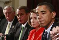 Steny Hoyer, John Boehner, Nancy Pelosi y Barack Obama, durante el encuentro que sostuvieron ayer en el salón Roosevelt de la Casa Blanca