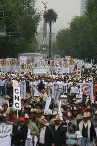 Vista parcial del Paseo de la Reforma –de oriente a poniente– durante la marcha de agrupaciones campesinas, sindicales y ciudadanas, ayer, para exigir cambios al régimen económico neoliberal